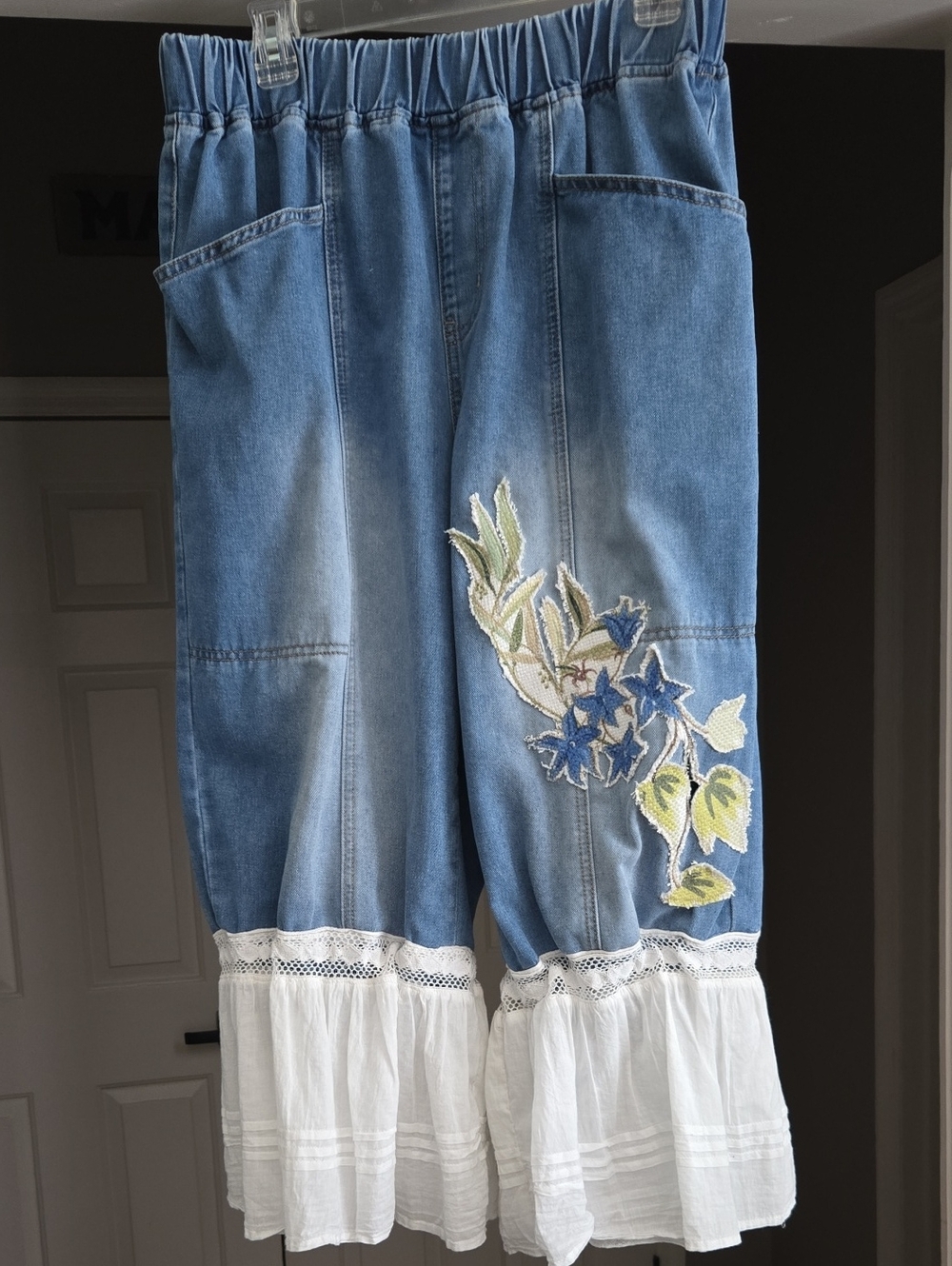 Women's Blue Denim Embroidered Jeans with White Lace Hem